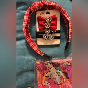 Red and Black Kids Hair Accessory Set with Unicorn Purse
